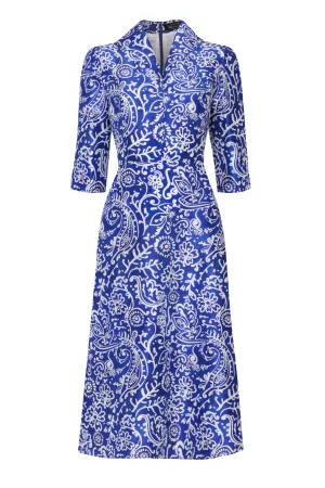 Calf Length. A-Line Dress in Blue and White Printed Silk Shantung - Naomi