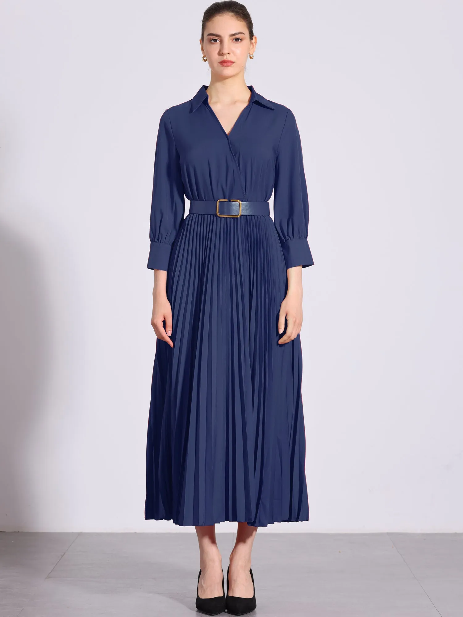 Collar V Neck Belted Dressy Casual Pleated Maxi Dress