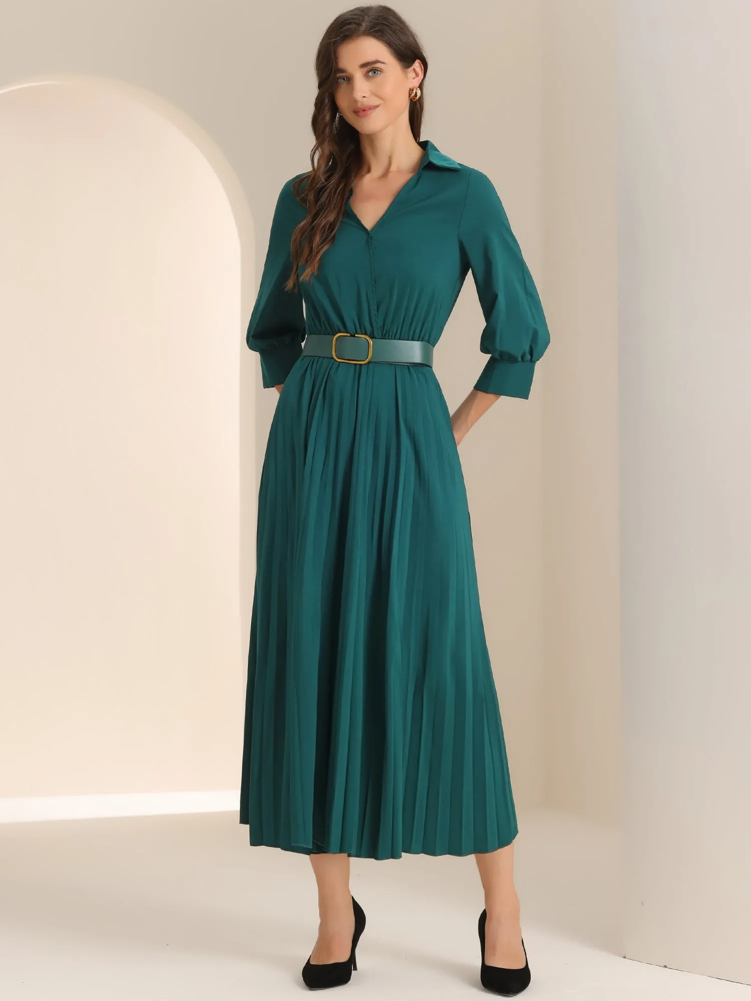Collar V Neck Belted Dressy Casual Pleated Maxi Dress