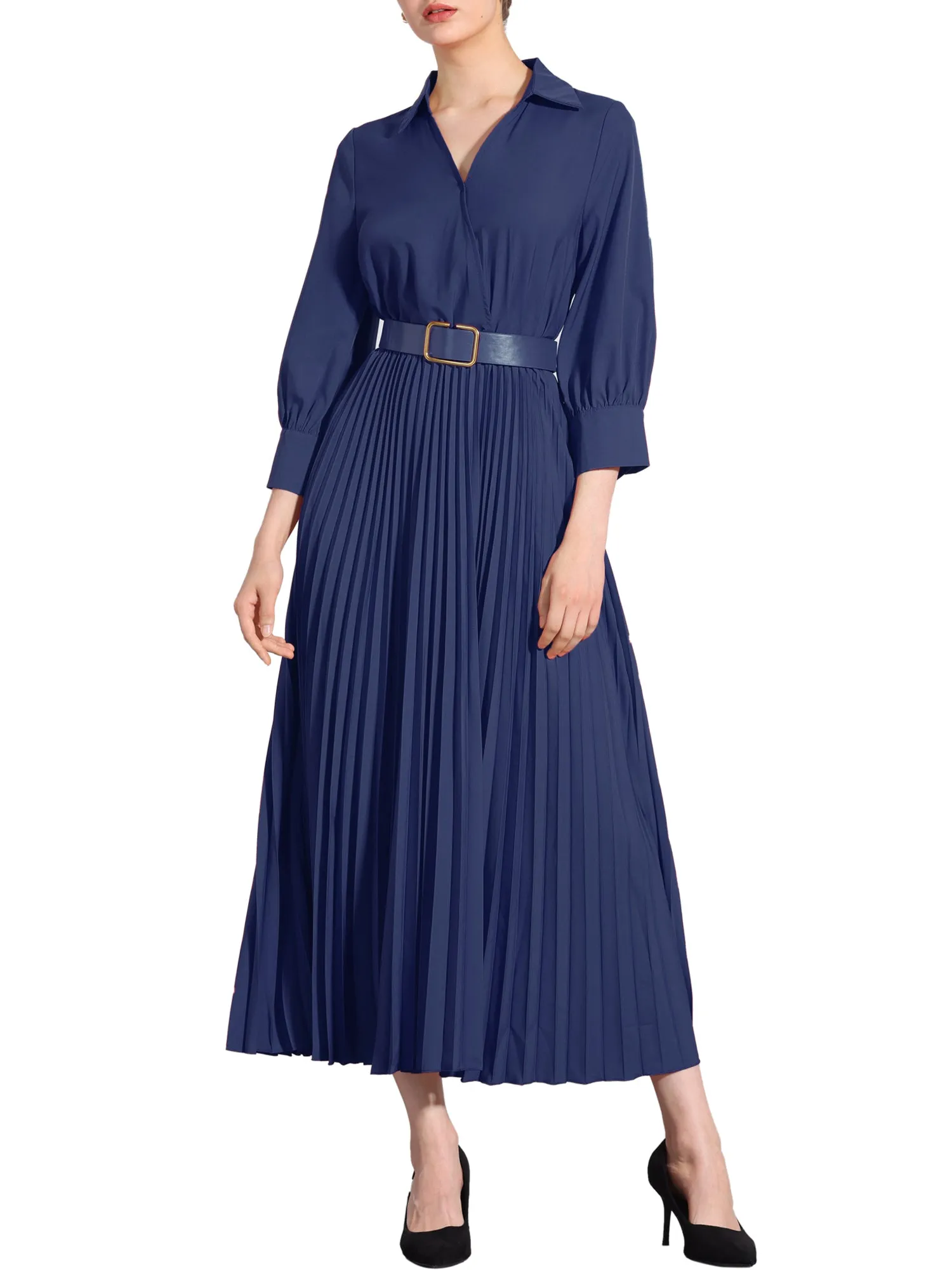 Collar V Neck Belted Dressy Casual Pleated Maxi Dress