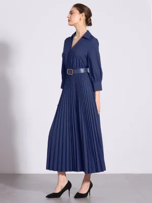 Collar V Neck Belted Dressy Casual Pleated Maxi Dress