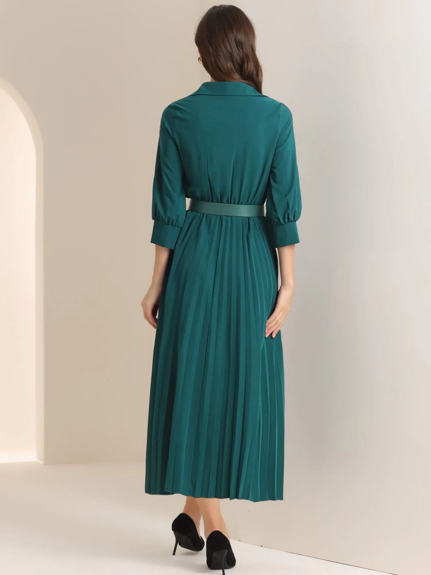 Collar V Neck Belted Dressy Casual Pleated Maxi Dress