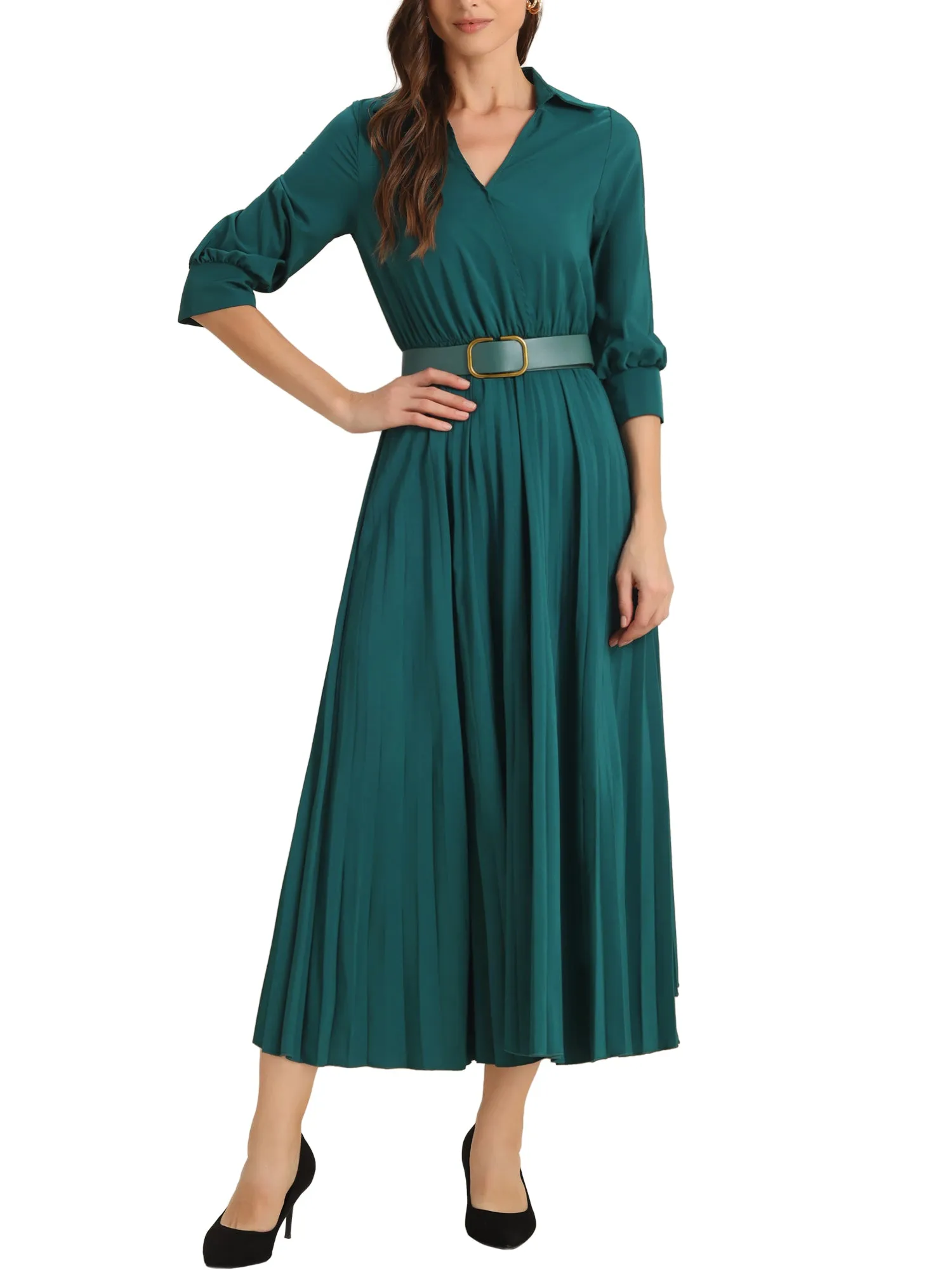 Collar V Neck Belted Dressy Casual Pleated Maxi Dress