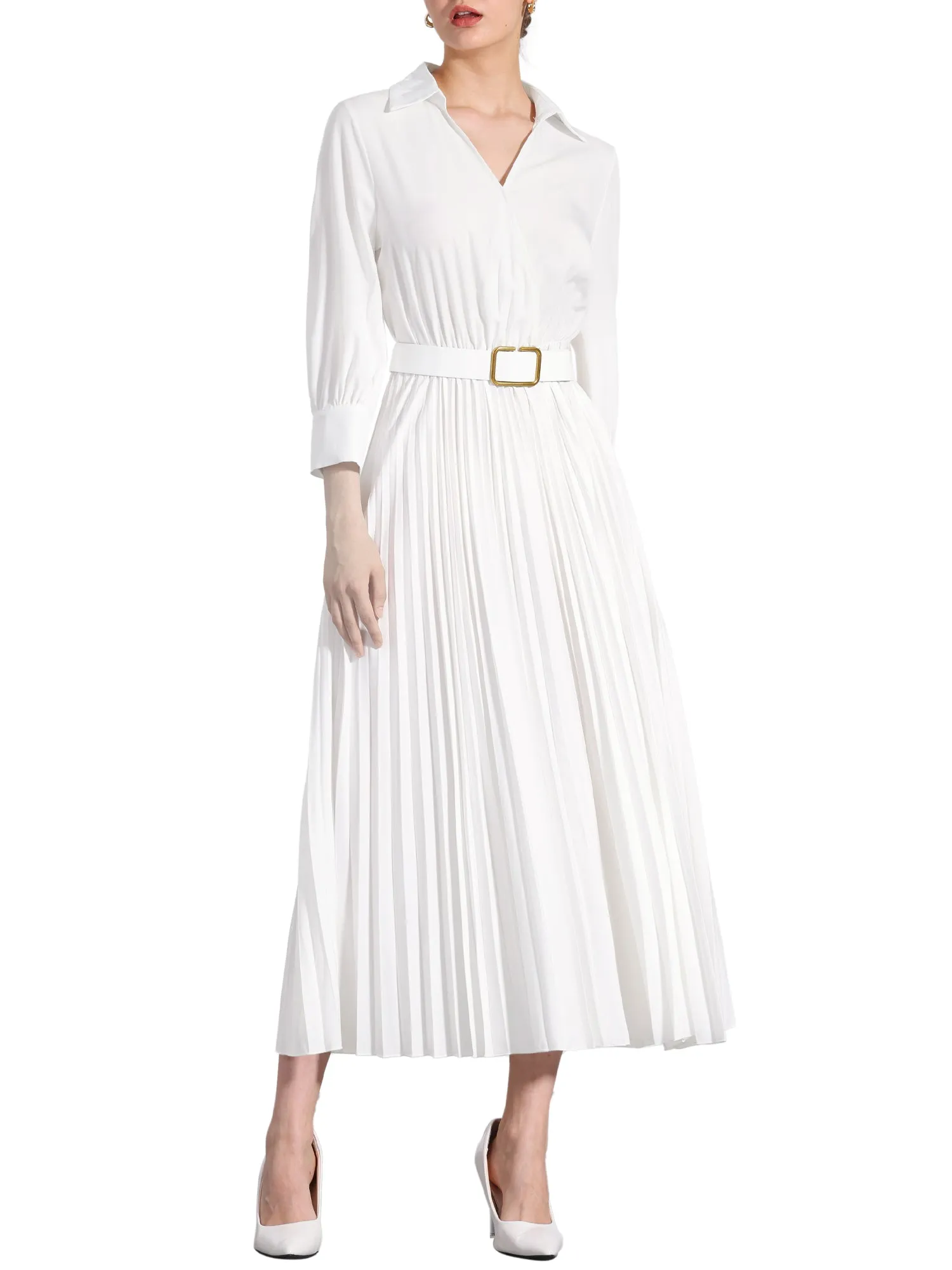 Collar V Neck Belted Dressy Casual Pleated Maxi Dress