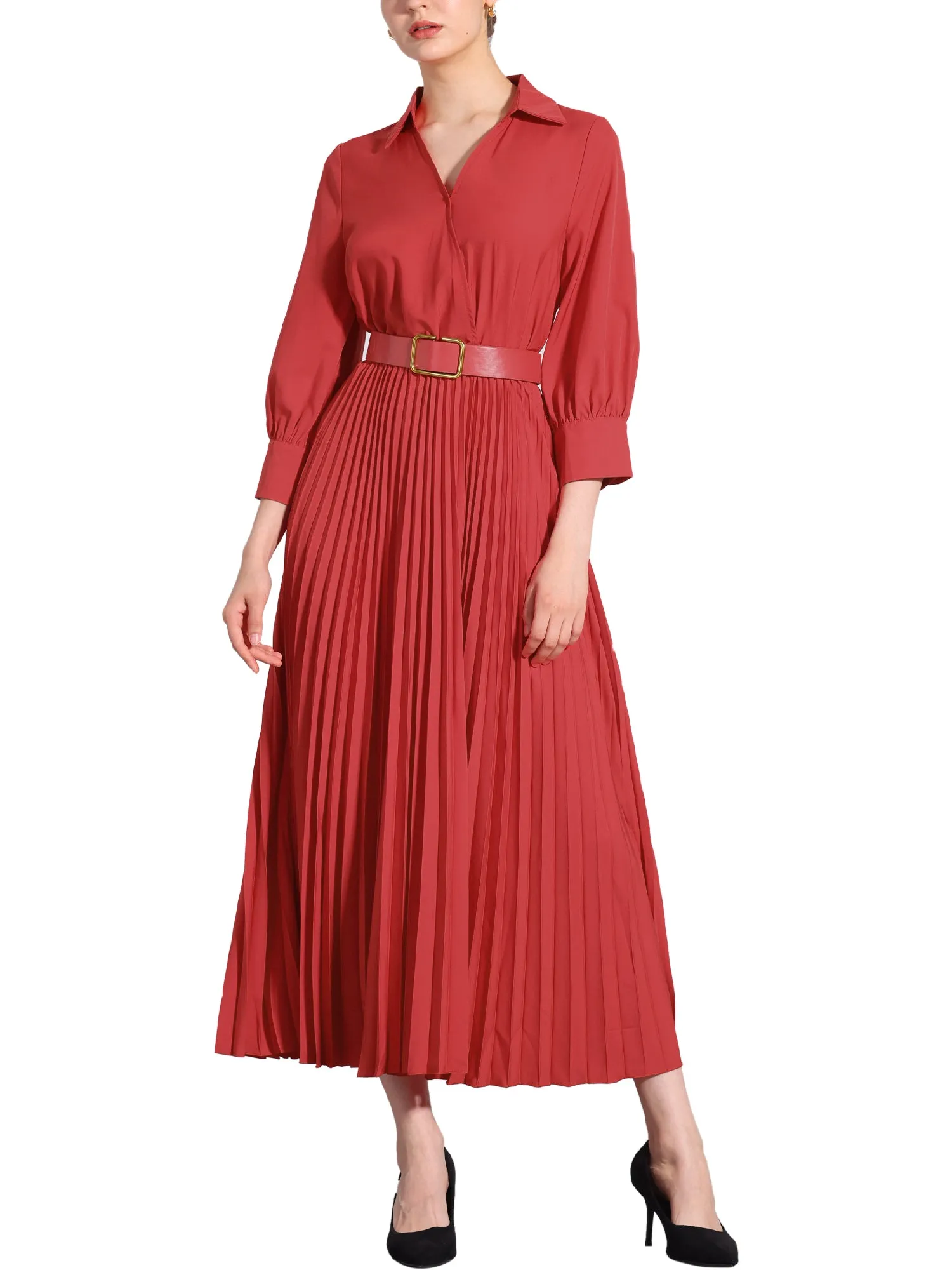 Collar V Neck Belted Dressy Casual Pleated Maxi Dress