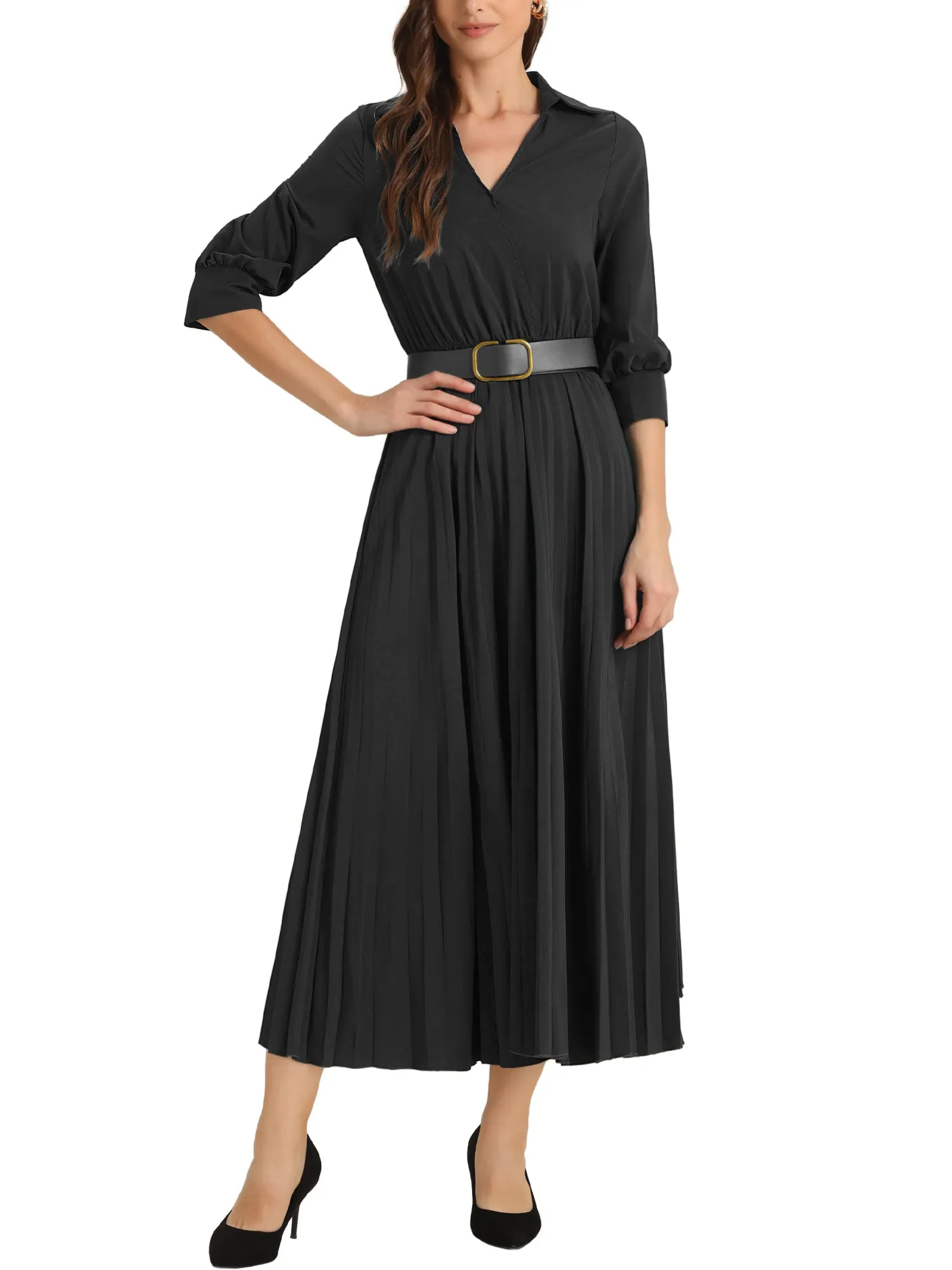Collar V Neck Belted Dressy Casual Pleated Maxi Dress