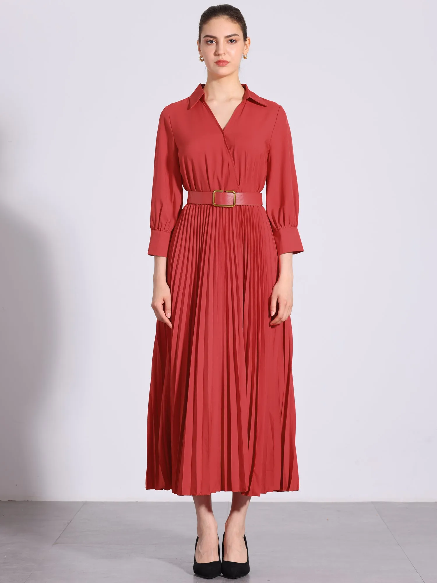 Collar V Neck Belted Dressy Casual Pleated Maxi Dress