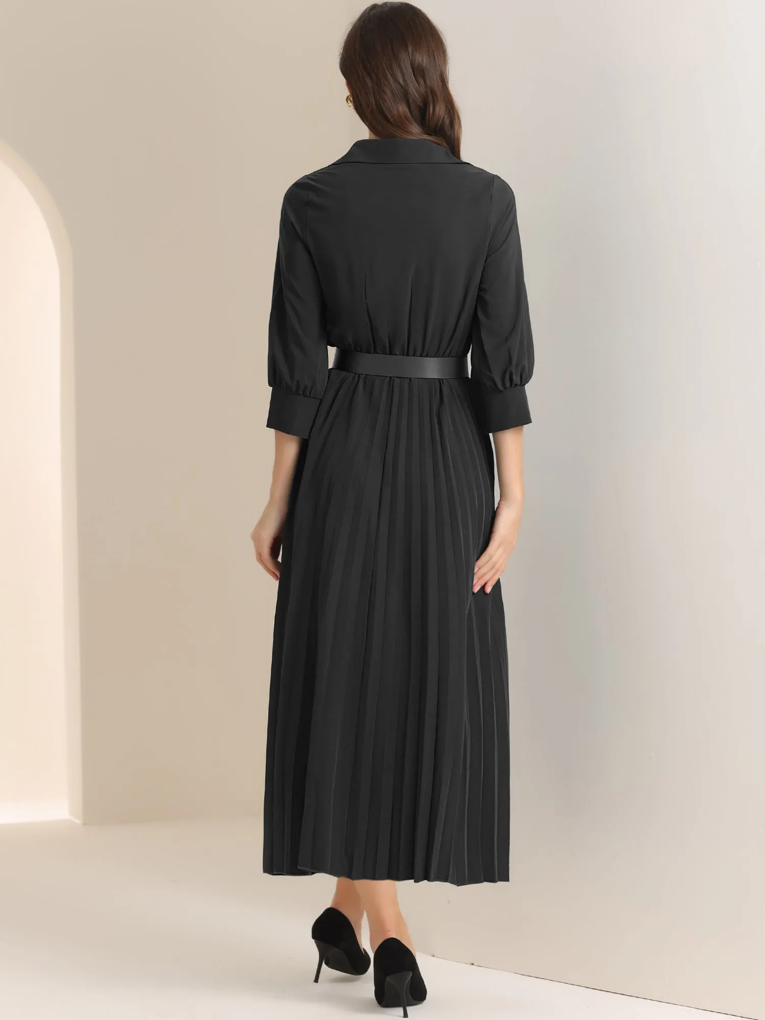 Collar V Neck Belted Dressy Casual Pleated Maxi Dress