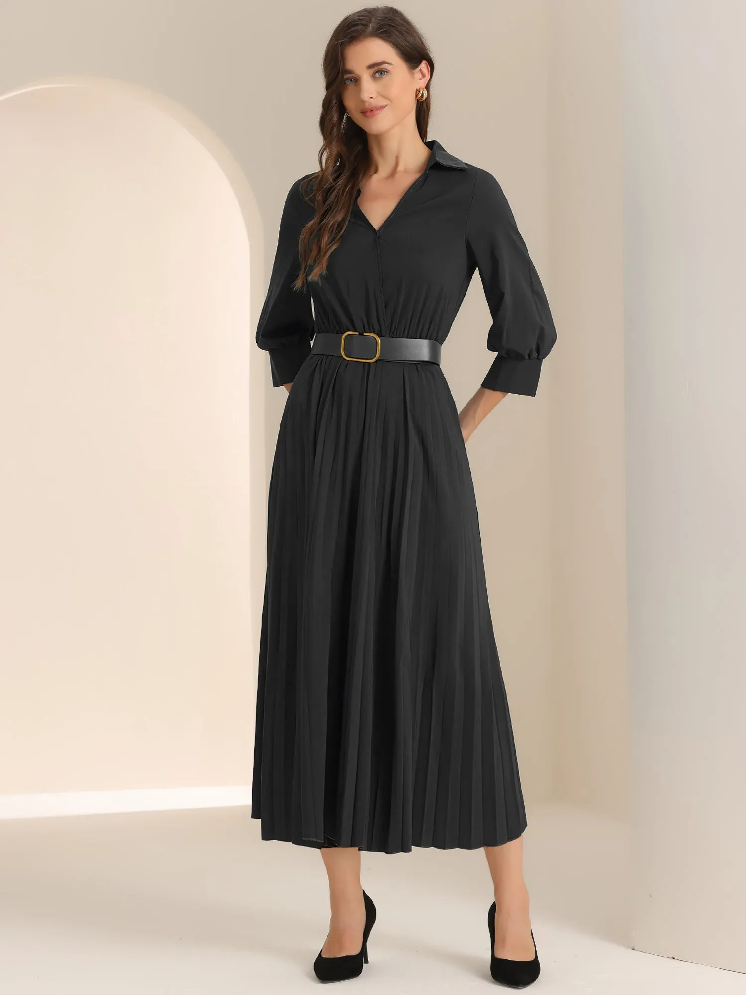 Collar V Neck Belted Dressy Casual Pleated Maxi Dress