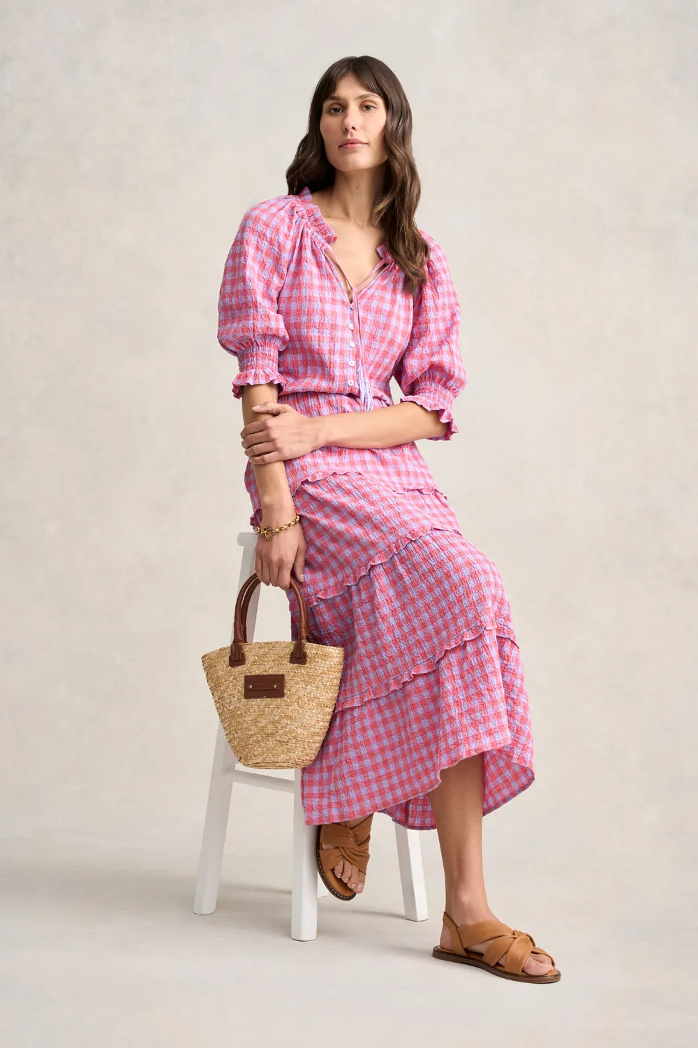 Cotton Gingham Tiered Dress - Lilac & Coral Gingham
