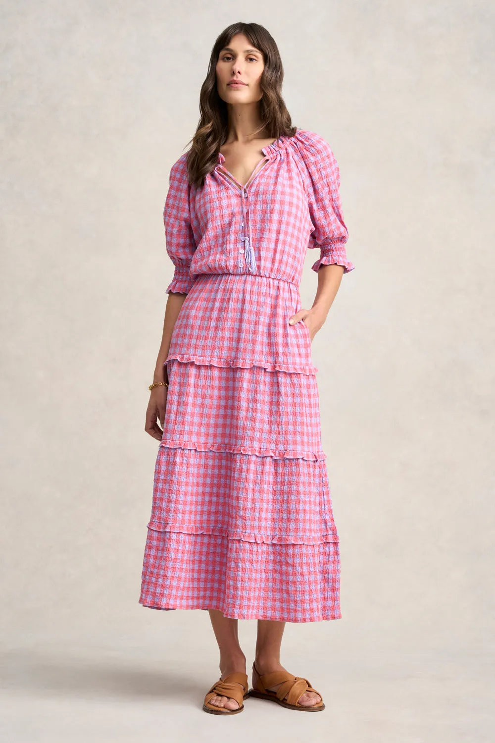 Cotton Gingham Tiered Dress - Lilac & Coral Gingham