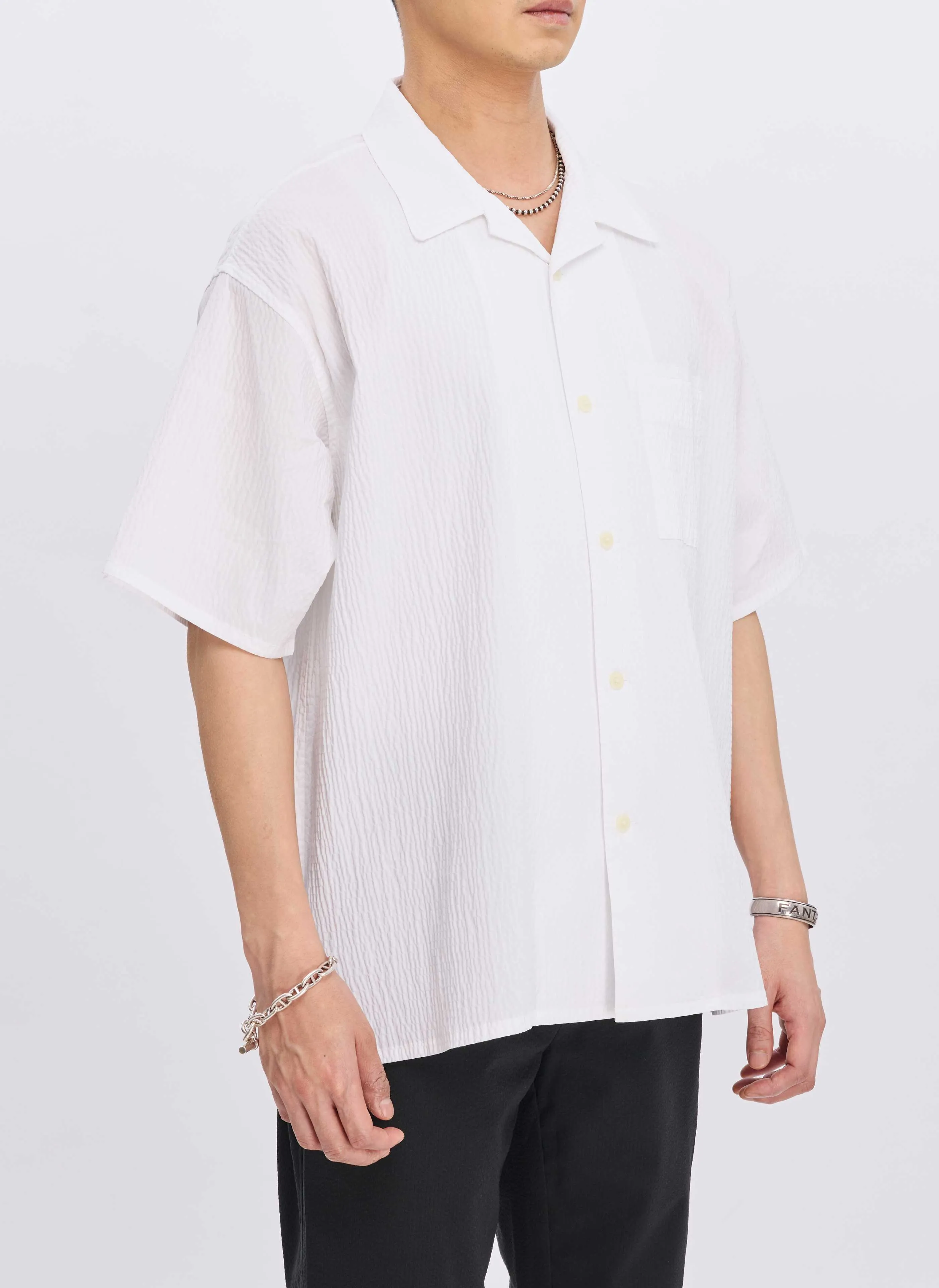Cotton Nylon Seersucker Open Collar Shirt