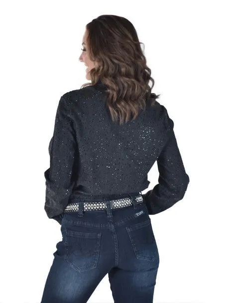 Cowgirl Tuff Womens Allover Crystal Black Lyocell L/S Shirt