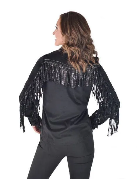 Cowgirl Tuff Womens Crystal Fringe Black Polyester L/S Shirt XL