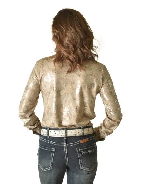 Cowgirl Tuff Womens Metallic Snakeskin Tan Polyester L/S Shirt