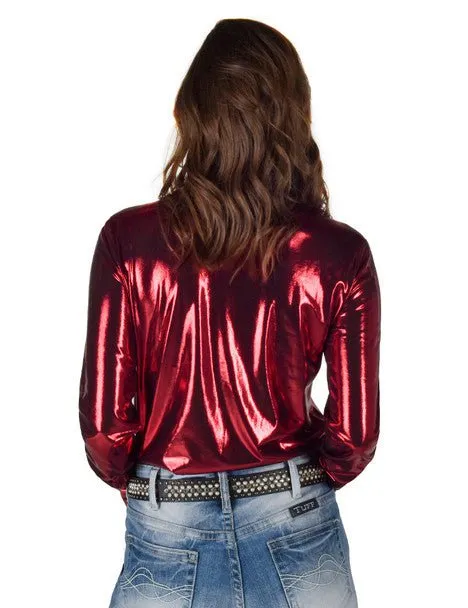 Cowgirl Tuff Womens Shiny Metallic Red Polyester L/S Shirt