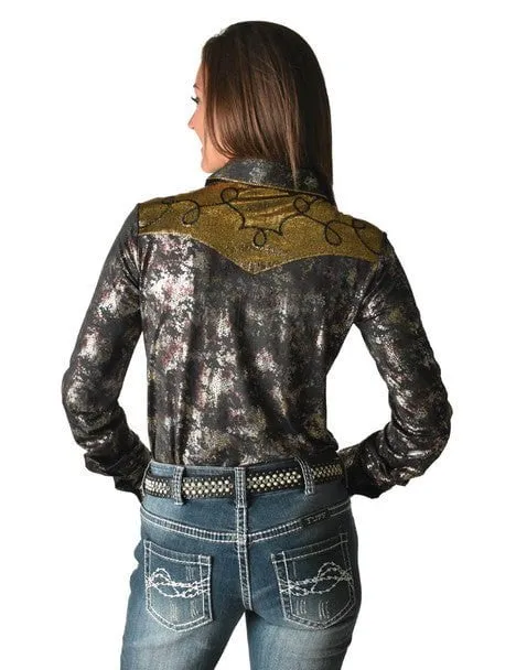 Cowgirl Tuff Womens Western Metallic Black/Gold Polyester L/S Shirt