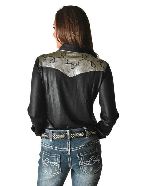 Cowgirl Tuff Womens Western Metallic Black/Silver Polyester L/S Shirt