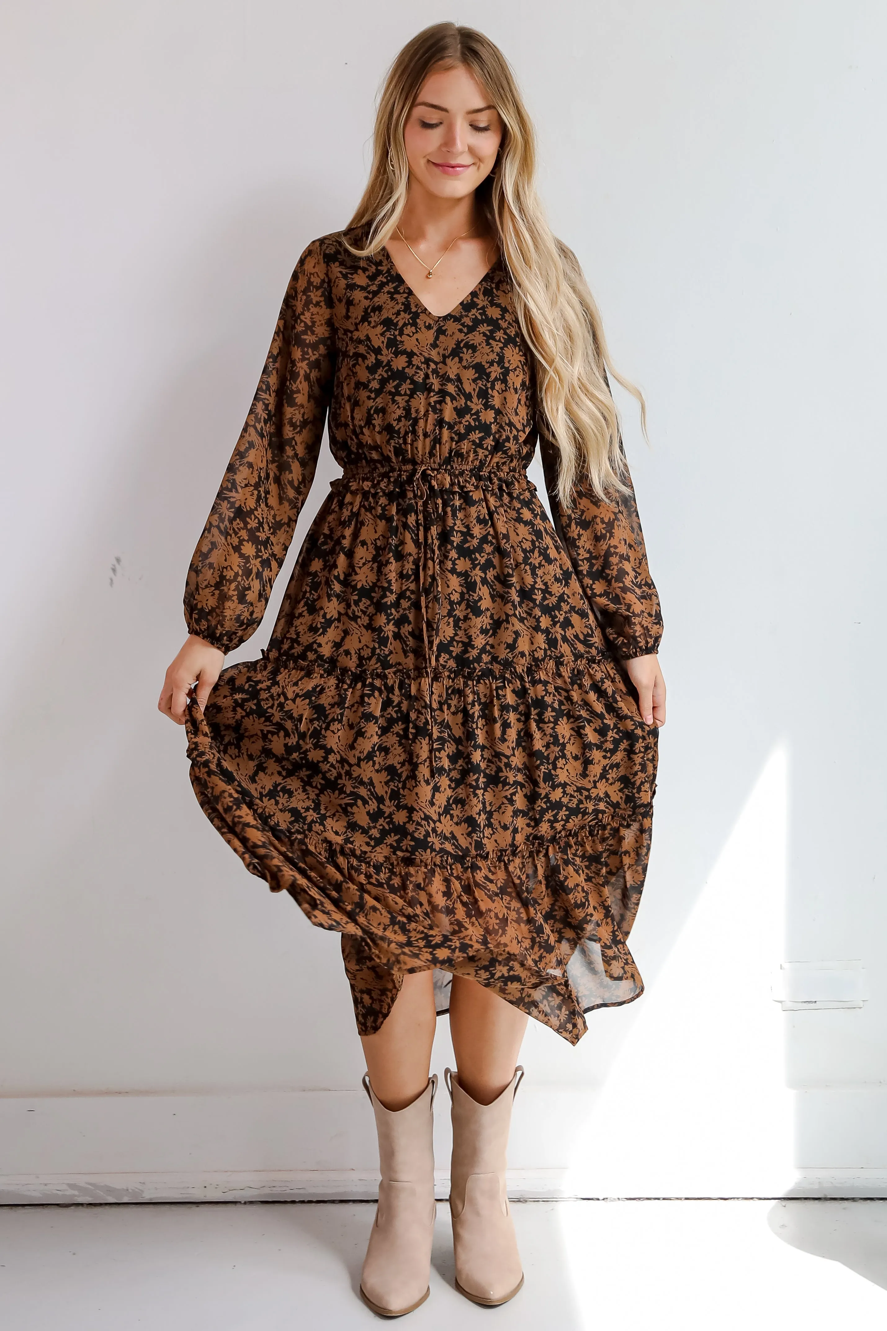 FINAL SALE - Graceful Glamour Black Floral Midi Dress