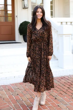 FINAL SALE - Graceful Glamour Black Floral Midi Dress