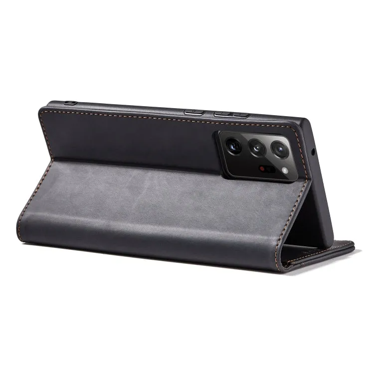 For Samsung Galaxy Note 20 Skin-feel Calfskin Texture Magnetic Dual-Fold Horizontal Flip Leather