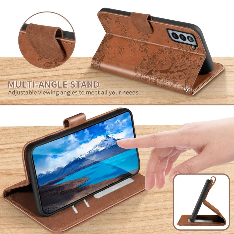 For Samsung Galaxy S21  5G Sika Deer Embossing Pattern Horizontal Flip PU Leather Case with Holder