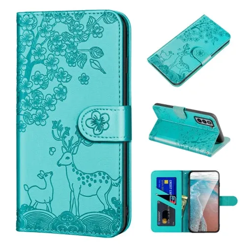 For Samsung Galaxy S21  5G Sika Deer Embossing Pattern Horizontal Flip PU Leather Case with Holder