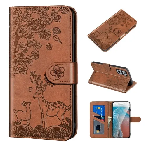 For Samsung Galaxy S21  5G Sika Deer Embossing Pattern Horizontal Flip PU Leather Case with Holder