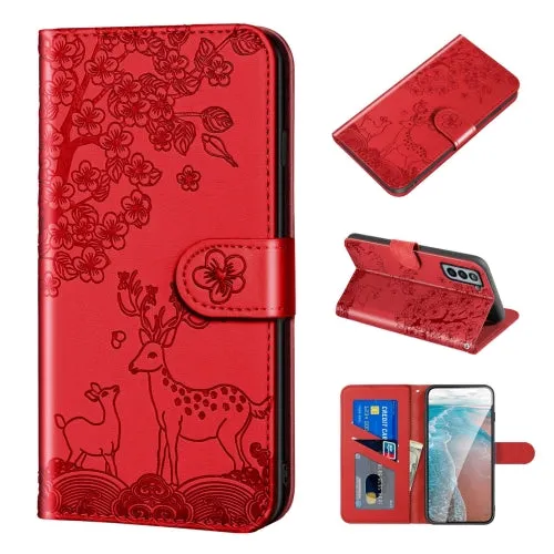 For Samsung Galaxy S21  5G Sika Deer Embossing Pattern Horizontal Flip PU Leather Case with Holder