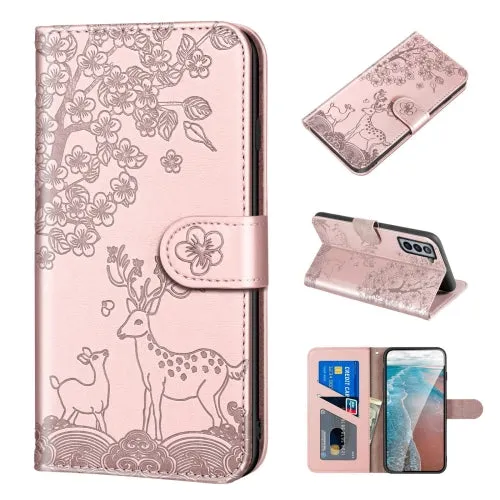 For Samsung Galaxy S21  5G Sika Deer Embossing Pattern Horizontal Flip PU Leather Case with Holder