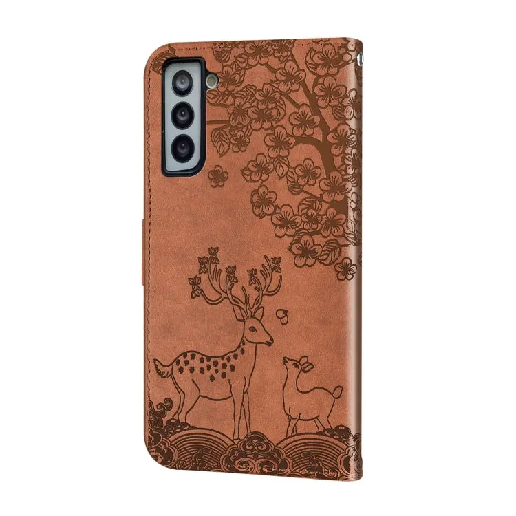 For Samsung Galaxy S21  5G Sika Deer Embossing Pattern Horizontal Flip PU Leather Case with Holder