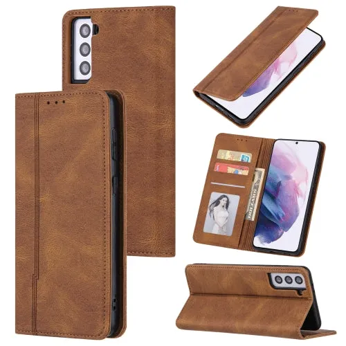For Samsung Galaxy S21  5G Skin Feel Pressure Line Magnetic Horizontal Flip Leather Case with