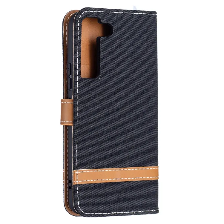 For Samsung Galaxy S22 5G Color Matching Denim Texture Leather Case with Holder  Card Slots