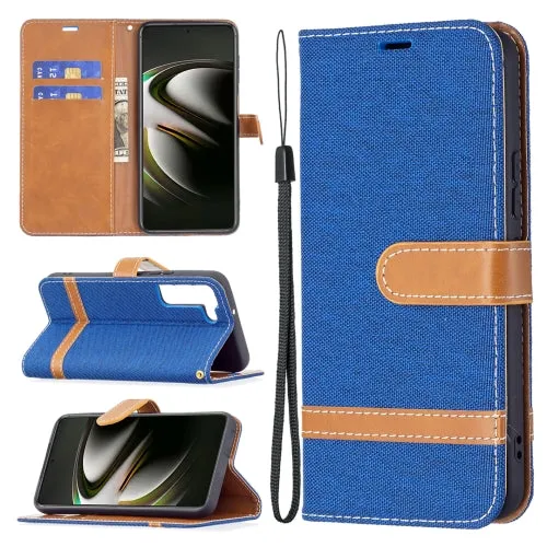 For Samsung Galaxy S22 5G Color Matching Denim Texture Leather Case with Holder  Card Slots