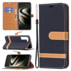 For Samsung Galaxy S22 5G Color Matching Denim Texture Leather Case with Holder  Card Slots