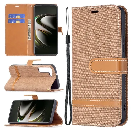 For Samsung Galaxy S22 5G Color Matching Denim Texture Leather Case with Holder  Card Slots