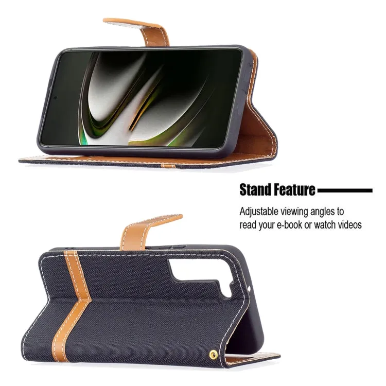 For Samsung Galaxy S22 5G Color Matching Denim Texture Leather Case with Holder  Card Slots
