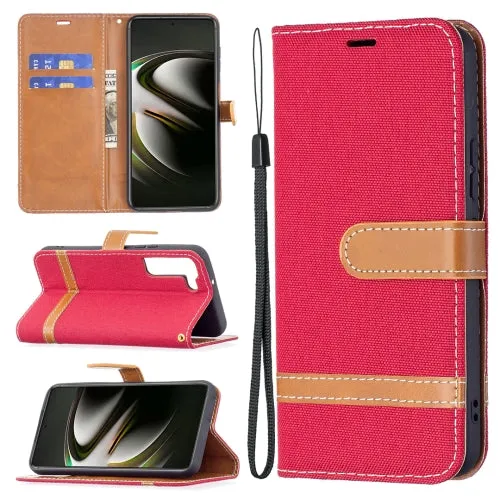 For Samsung Galaxy S22 5G Color Matching Denim Texture Leather Case with Holder  Card Slots
