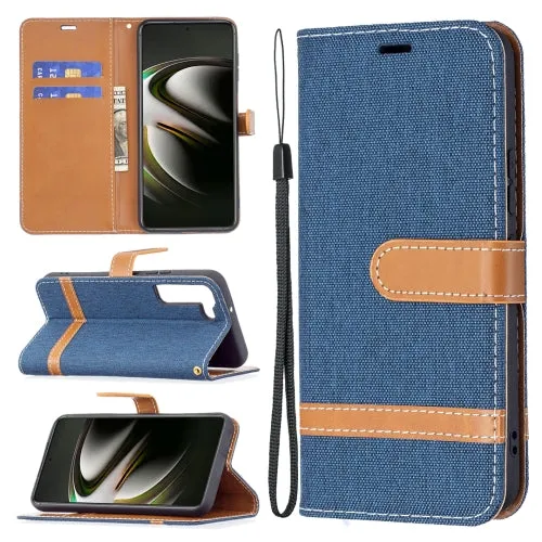 For Samsung Galaxy S22 5G Color Matching Denim Texture Leather Case with Holder  Card Slots