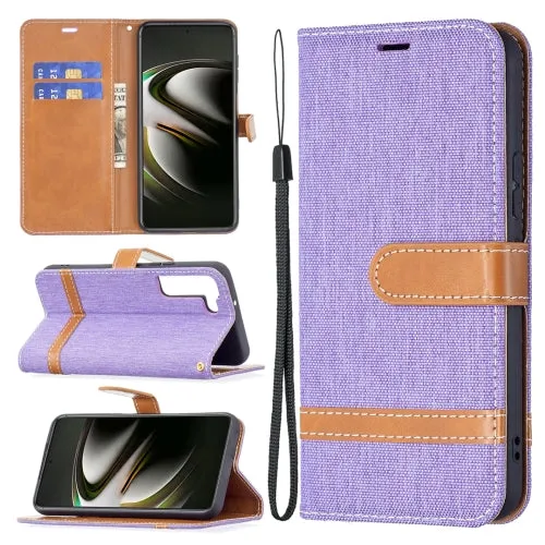 For Samsung Galaxy S22 5G Color Matching Denim Texture Leather Case with Holder  Card Slots