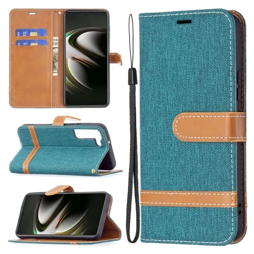 For Samsung Galaxy S22 5G Color Matching Denim Texture Leather Case with Holder  Card Slots