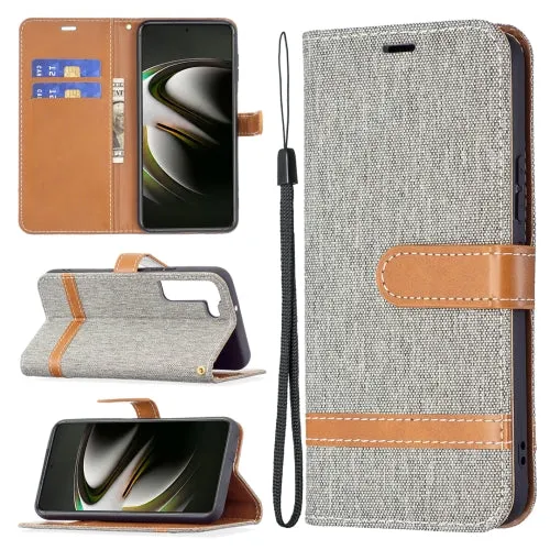 For Samsung Galaxy S22 5G Color Matching Denim Texture Leather Case with Holder  Card Slots