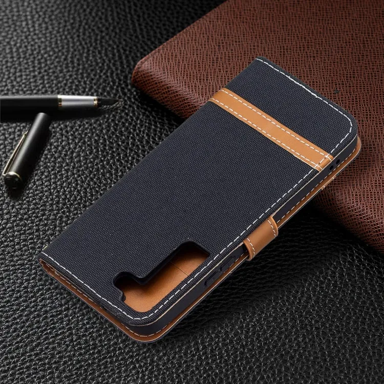 For Samsung Galaxy S22 5G Color Matching Denim Texture Leather Case with Holder  Card Slots