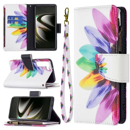 For Samsung Galaxy S22 5G Colored Drawing Pattern Zipper Horizontal Flip Phone Leather Case with