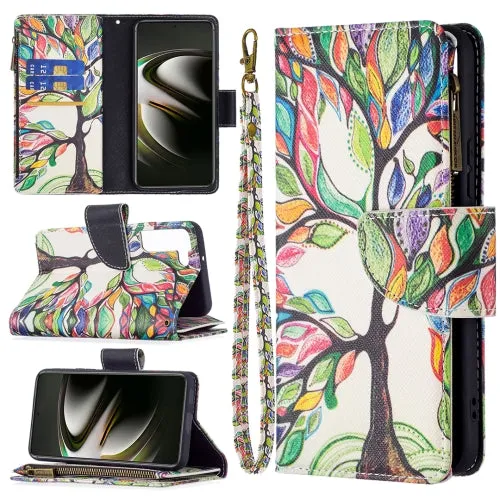 For Samsung Galaxy S22 5G Colored Drawing Pattern Zipper Horizontal Flip Phone Leather Case with