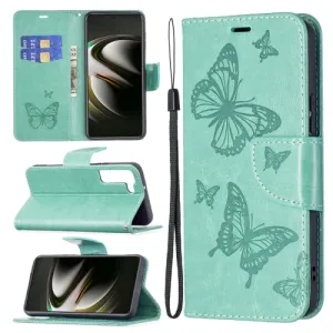 For Samsung Galaxy S22 5G Embossing Two Butterflies Pattern Leather Phone Case with Holder