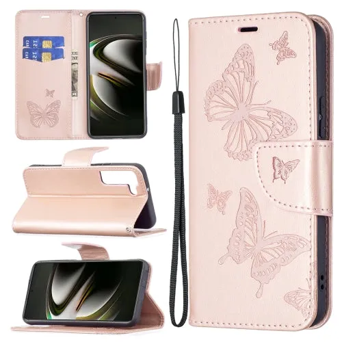 For Samsung Galaxy S22 5G Embossing Two Butterflies Pattern Leather Phone Case with Holder