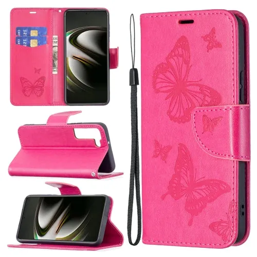 For Samsung Galaxy S22 5G Embossing Two Butterflies Pattern Leather Phone Case with Holder