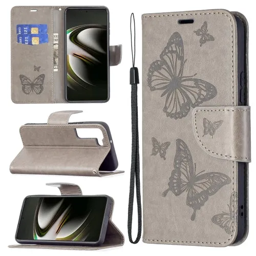 For Samsung Galaxy S22 5G Embossing Two Butterflies Pattern Leather Phone Case with Holder