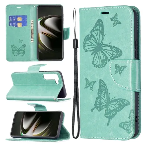 For Samsung Galaxy S22 5G Embossing Two Butterflies Pattern Leather Phone Case with Holder